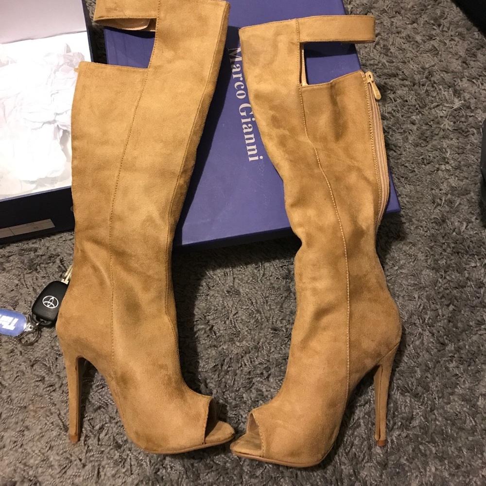 Brand new suede heel open toe boot