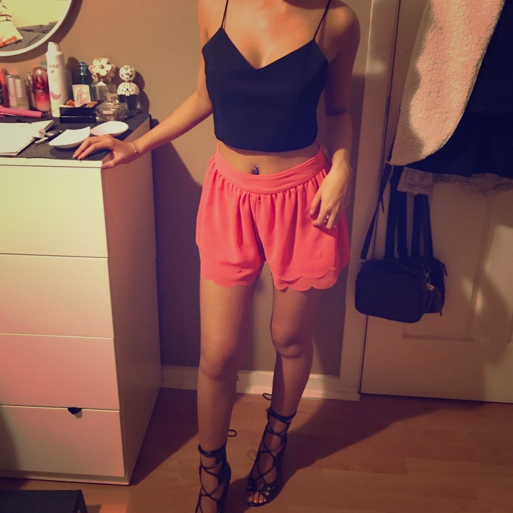 Pink chiffon short and black silk crop top