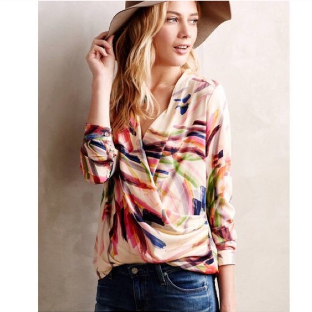 Like New Anthropologie Camille Watercolor Wrap Top - Picture 1 of 4