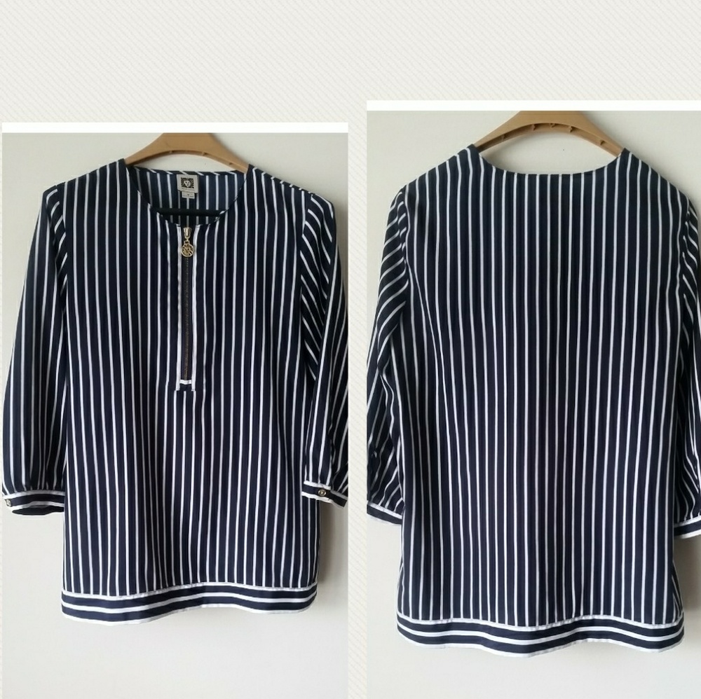Anne Klein navy blue Zip front Shirt size M