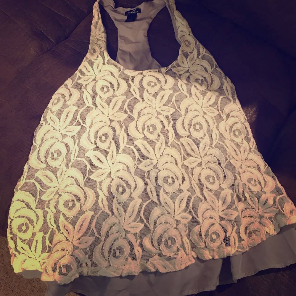 Purple and white flowy tank top.