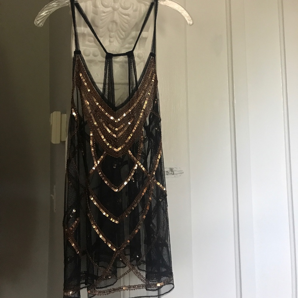 Black with gold sequin tank top. Gatsby inspired.