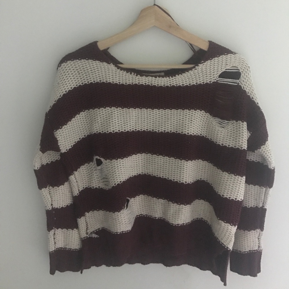 Destressed Maroon and Cream Striped Sweater