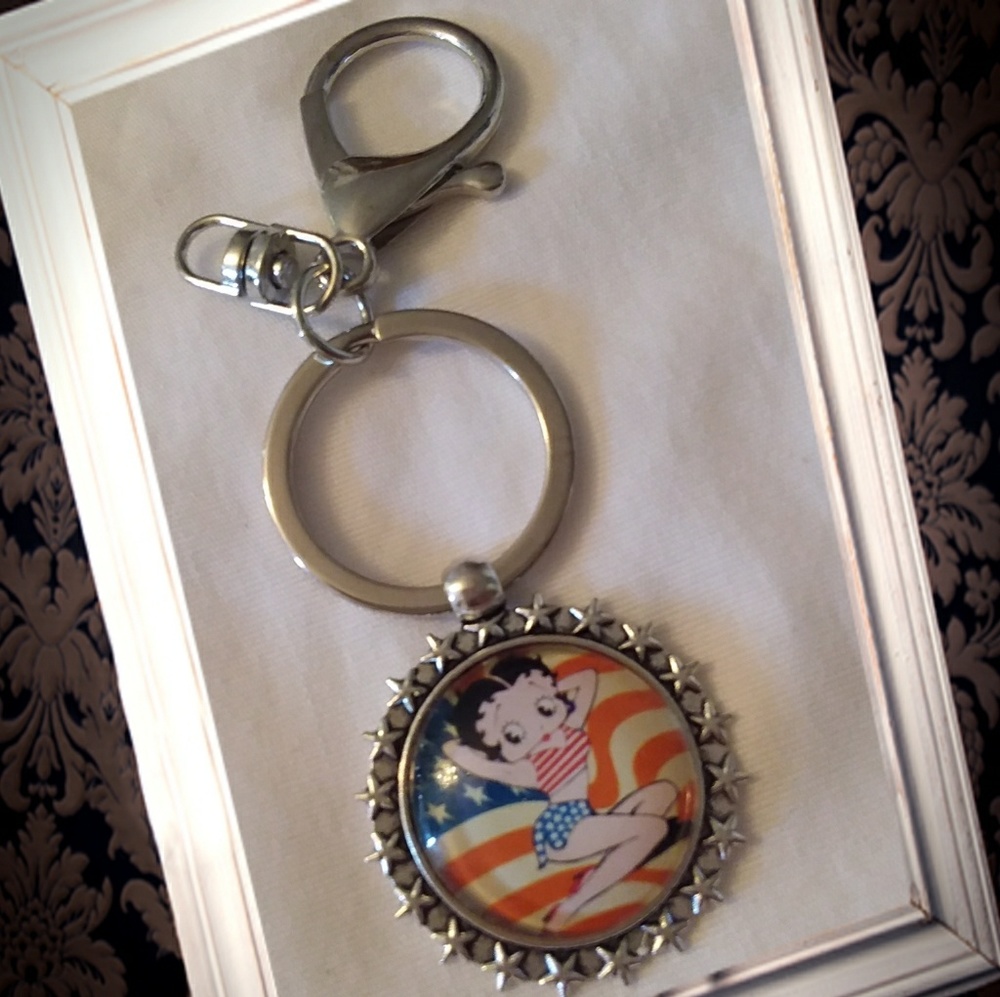 Betty boop cabochon  key chain, red, white n blue