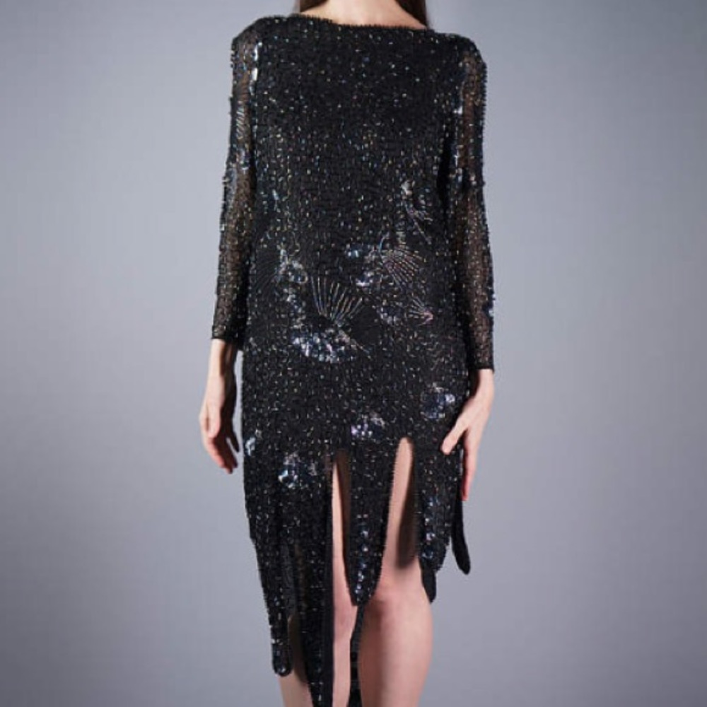 Unique 80's beaded black dress, asymmetrical hem