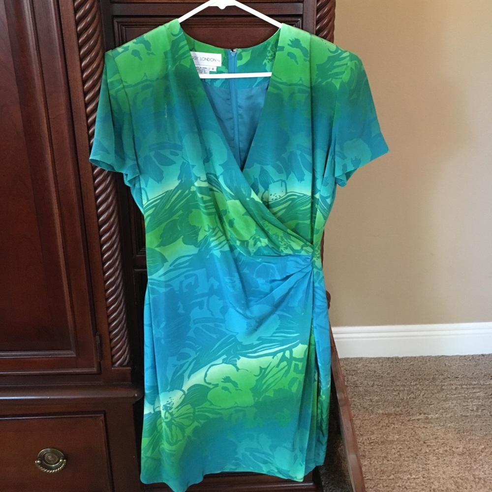Surplice style Blue and green silk dress