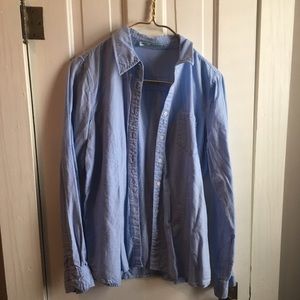 Blue button up shirt.