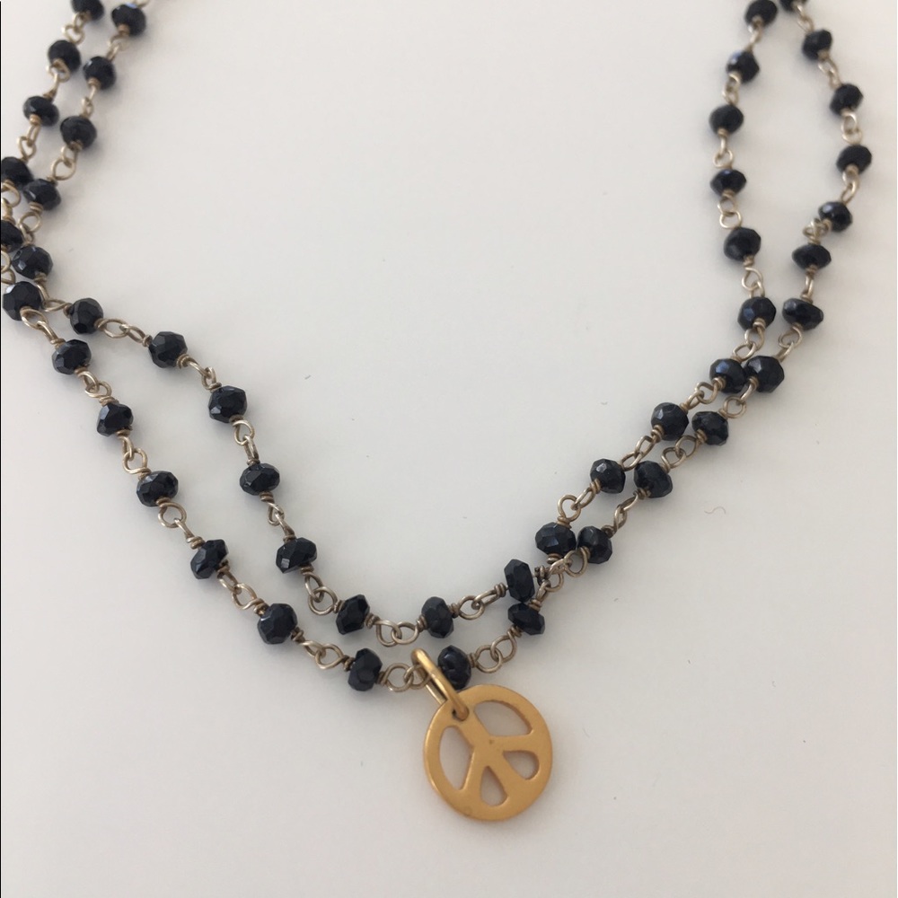 Semiprecious Stone Choker w Peace Sign Charm