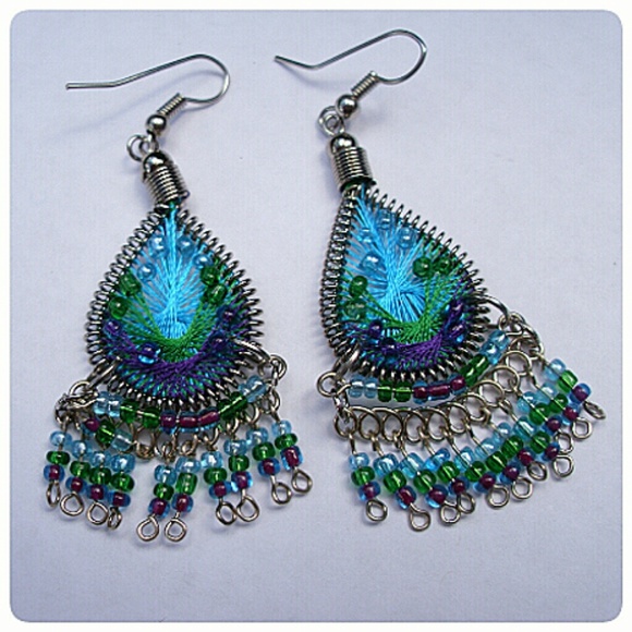 TURQUOISE & VIOLET PERUVIAN SILK DANGLE EARRING! - Picture 2 of 4
