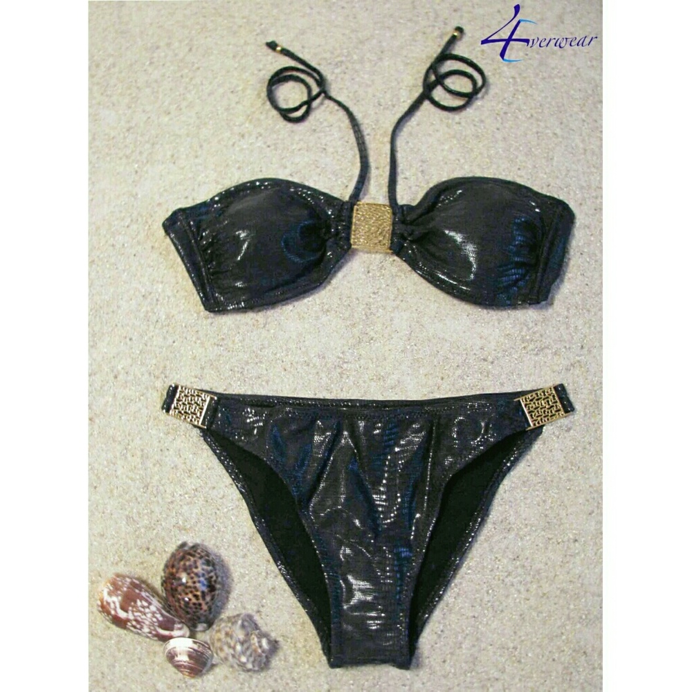 BLACK BANDEAU BIKINI WITH GOLD TONE EMBELLISHMENT