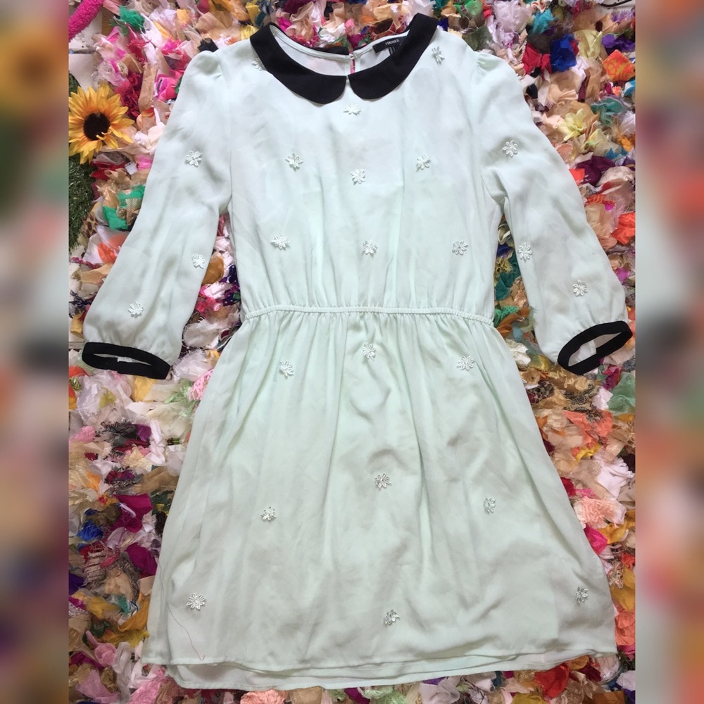 Mint Collared Dress w/ Flower Appliqués