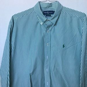 Green and white striped Ralph Lauren shirt.