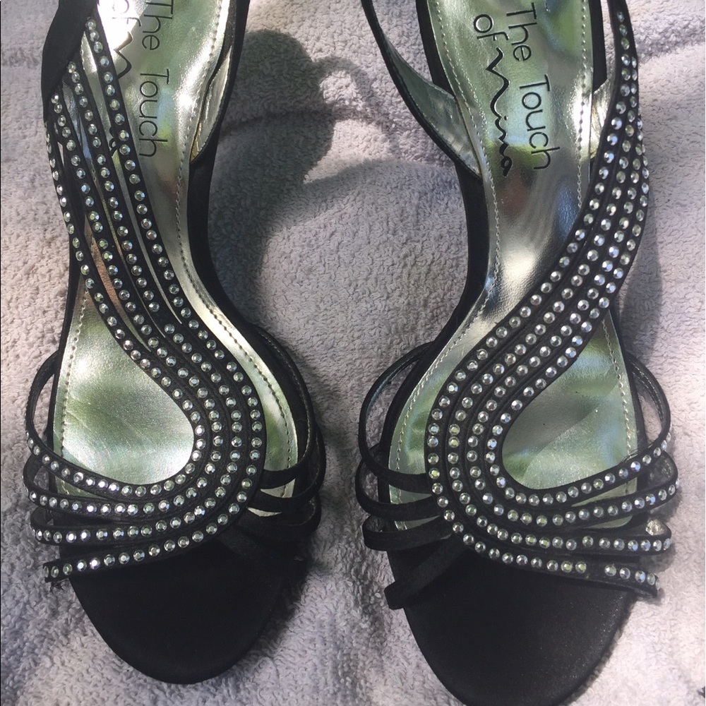 Black open toe platforms with rhinestones