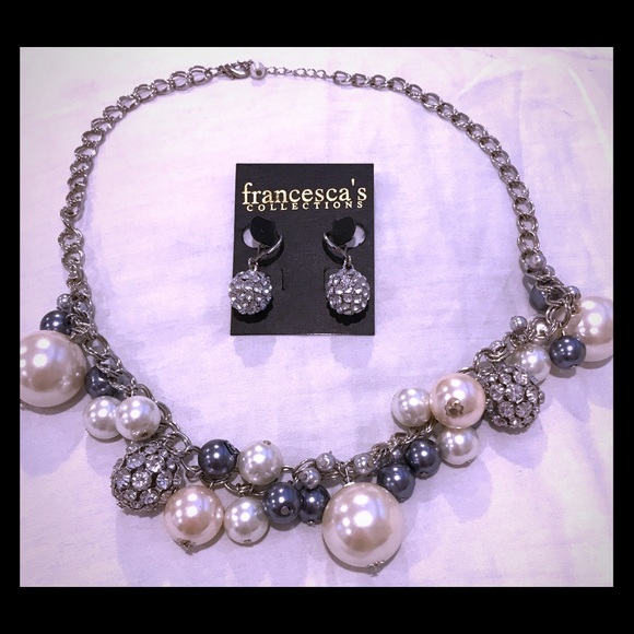 Crystal and pearl necklace and earrings, set - Picture 1 of 2