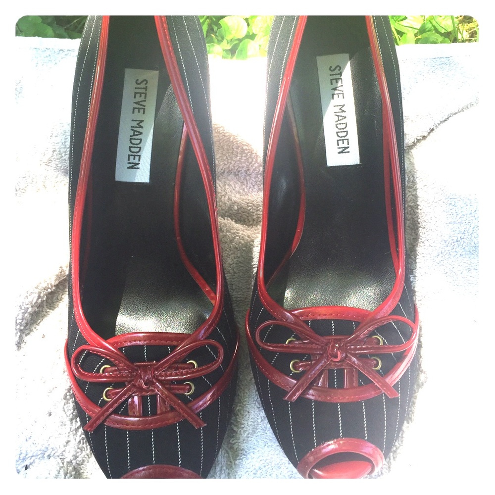 Steve Madden pinstripes and red peep toe platforms