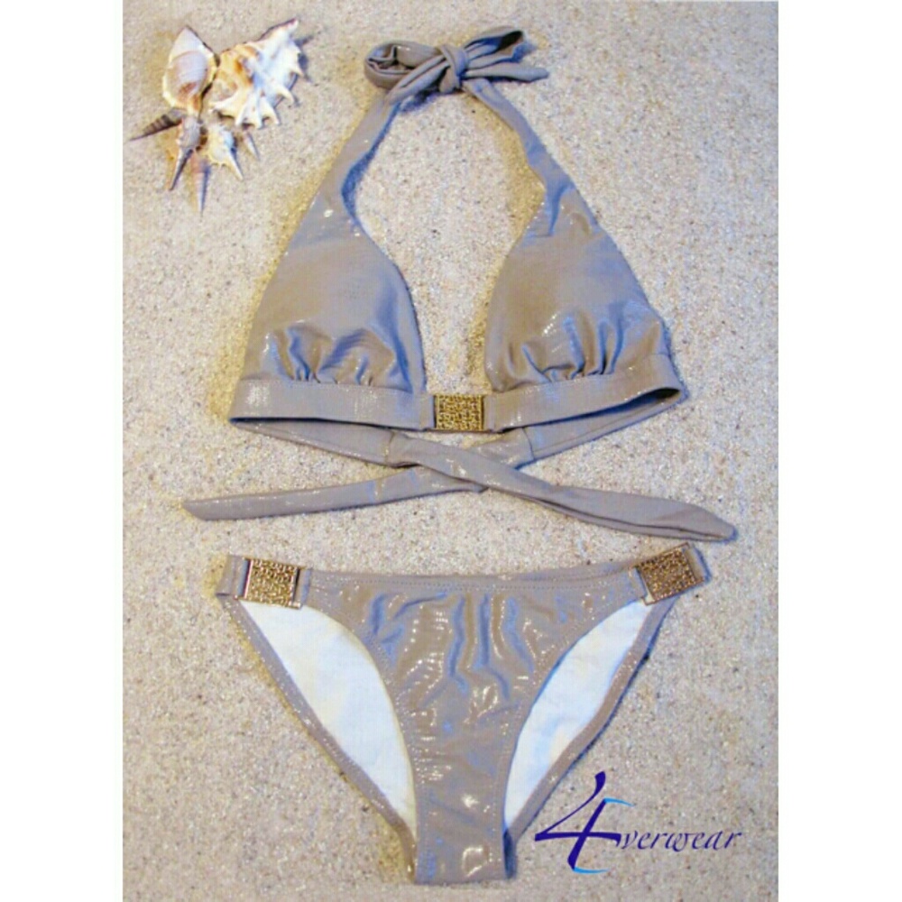 TAN HALTER BIKINI WITH GOLD TONE EMBELLISHMENT
