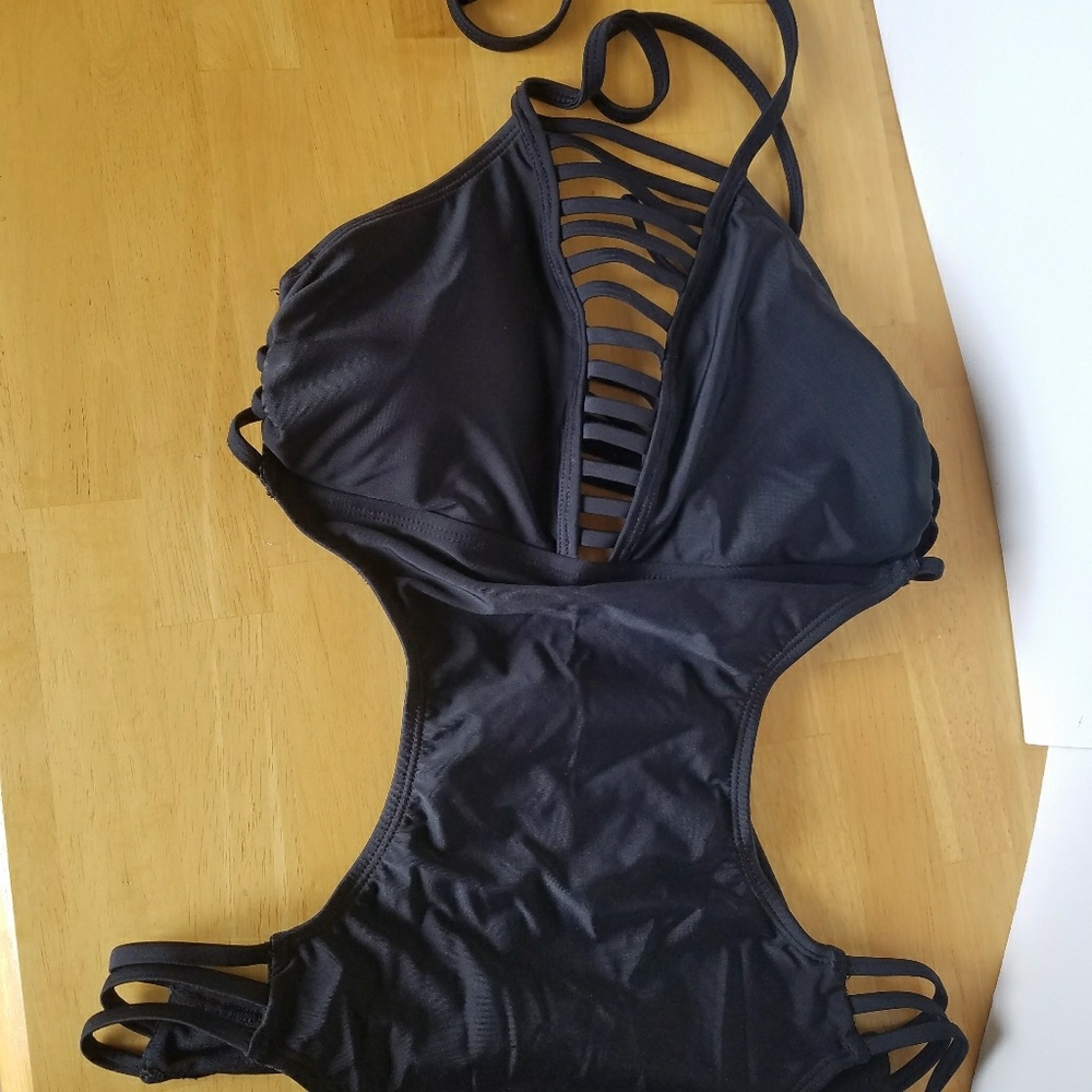 Black, Cage Halter, Monokini Swimsuit