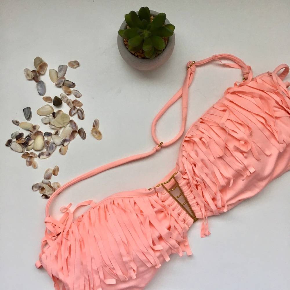 pink and gold fringe bikini top