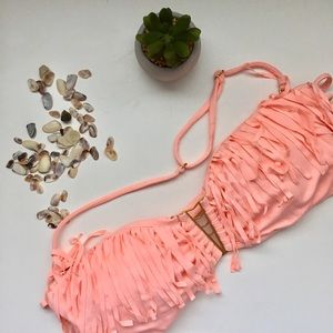 pink and gold fringe bikini top