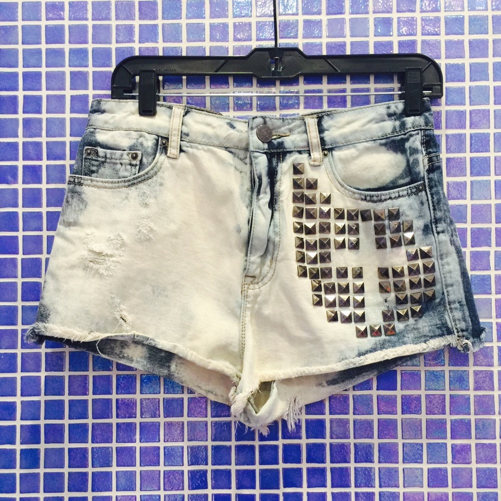 BDG High Waisted, Cross Studded & Bleached Shorts