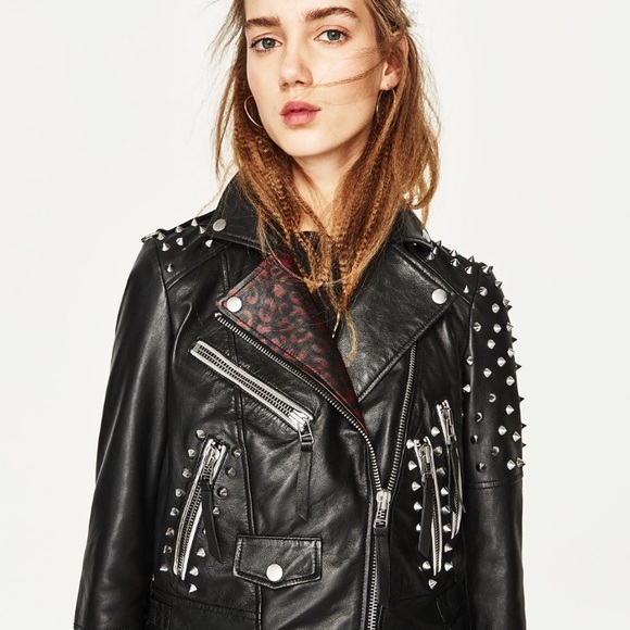 ZARA STUDDED BIKER LEOPARD LEATHER JACKET - Picture 2 of 4