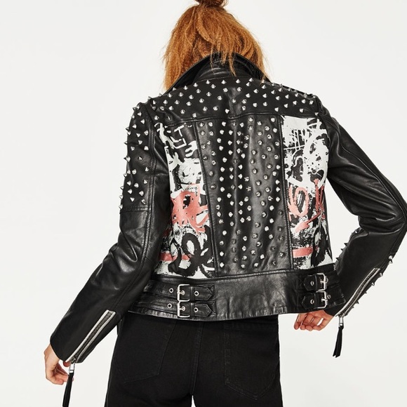 ZARA STUDDED BIKER LEOPARD LEATHER JACKET - Picture 3 of 4