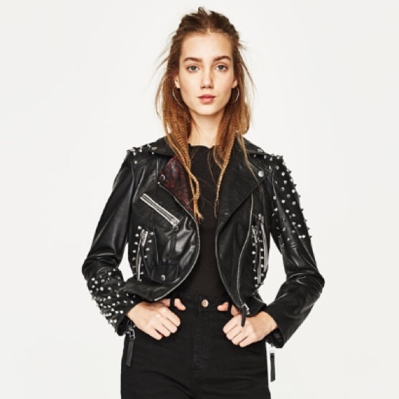 ZARA STUDDED BIKER LEOPARD LEATHER JACKET - Picture 4 of 4
