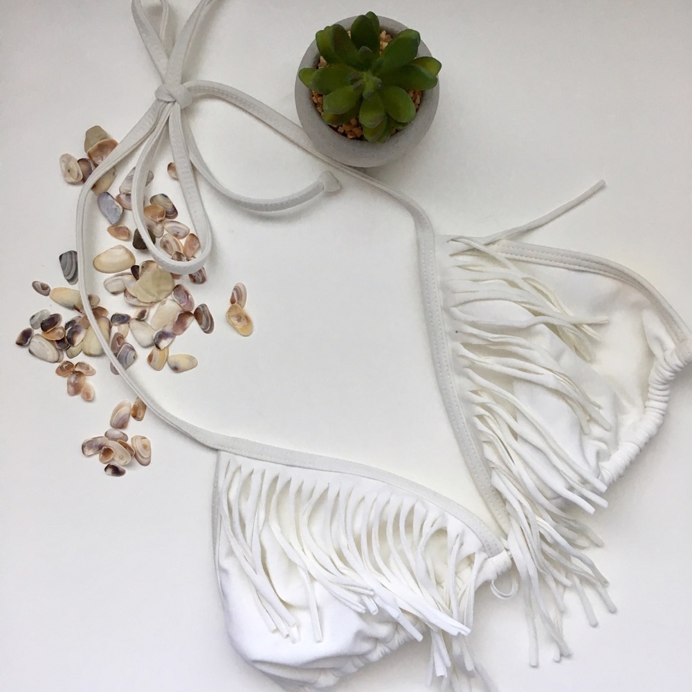 LA Hearts white fringe bikini top