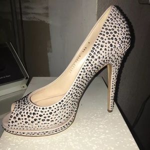 CASADEI Nude Crystal Studded Peep-toe Heels.