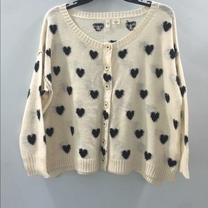 White with black hearts button up sweater