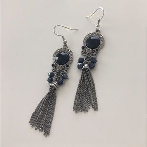 Silver Black Onyx Drop Tassel Earrings