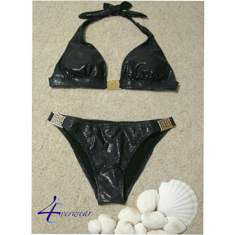 BLACK HALTER BIKINI WITH GOLD TONE EMBELLISHMENT