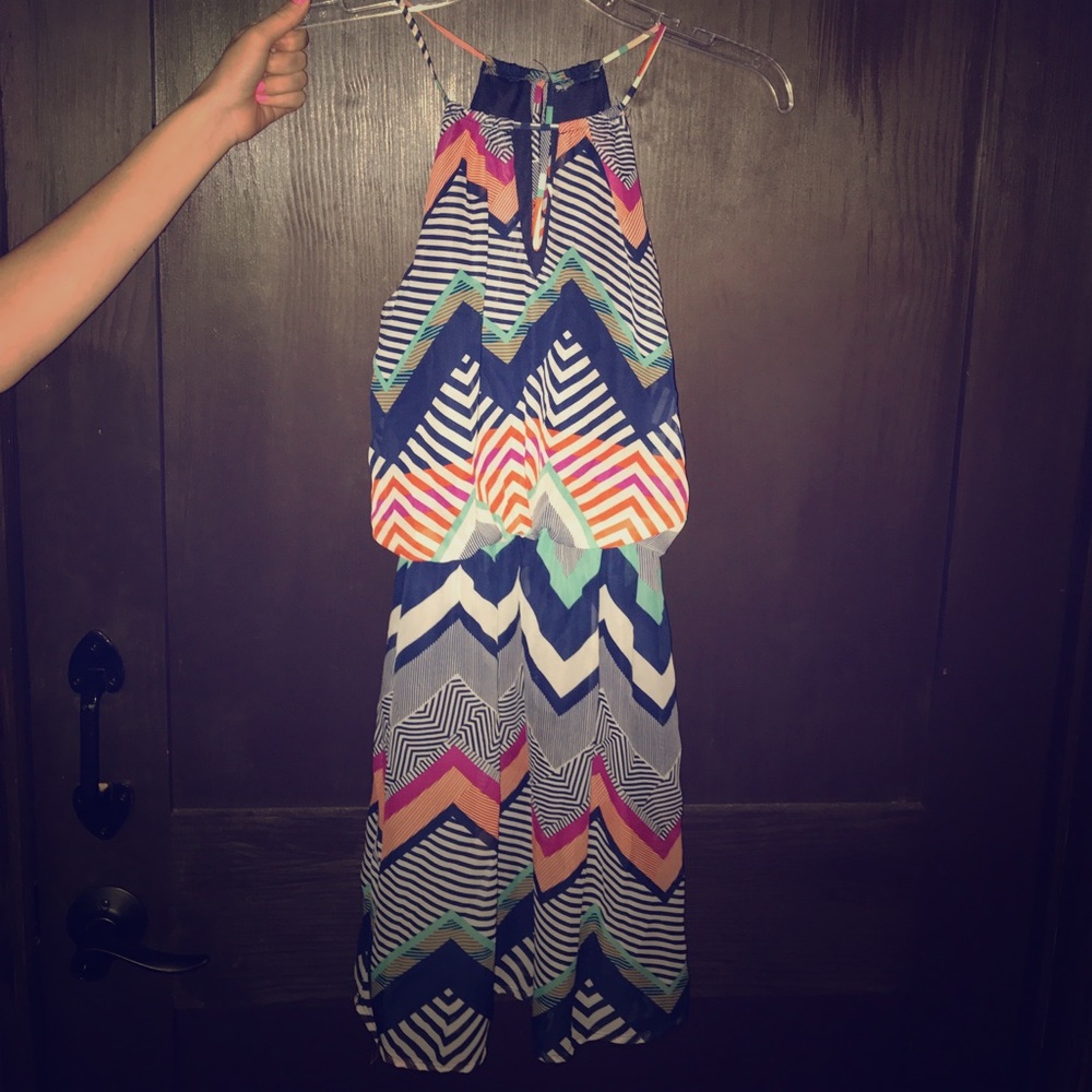 Multi-colored chevron halter dress