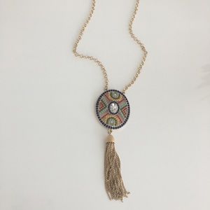 Retro long Gold Necklace w Beaded Pendant