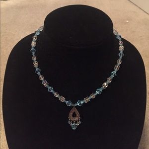 Clear and Light Blue Beaded Necklace w/ Teardrop