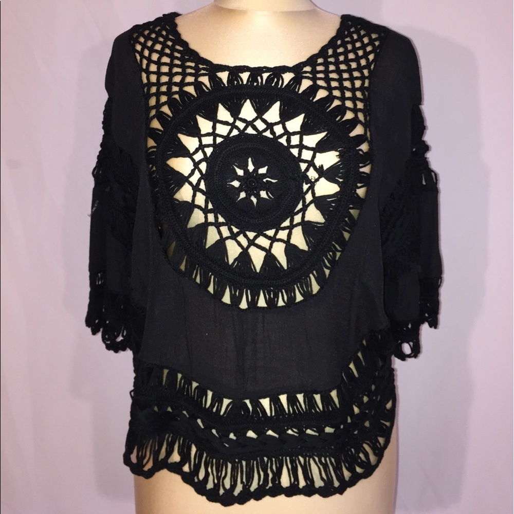 Black Woven Geometric Designed Coachella Top,