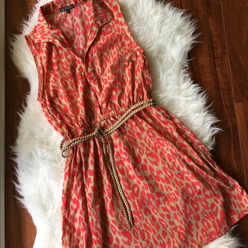Sexy button down, belted, cheetah print dress