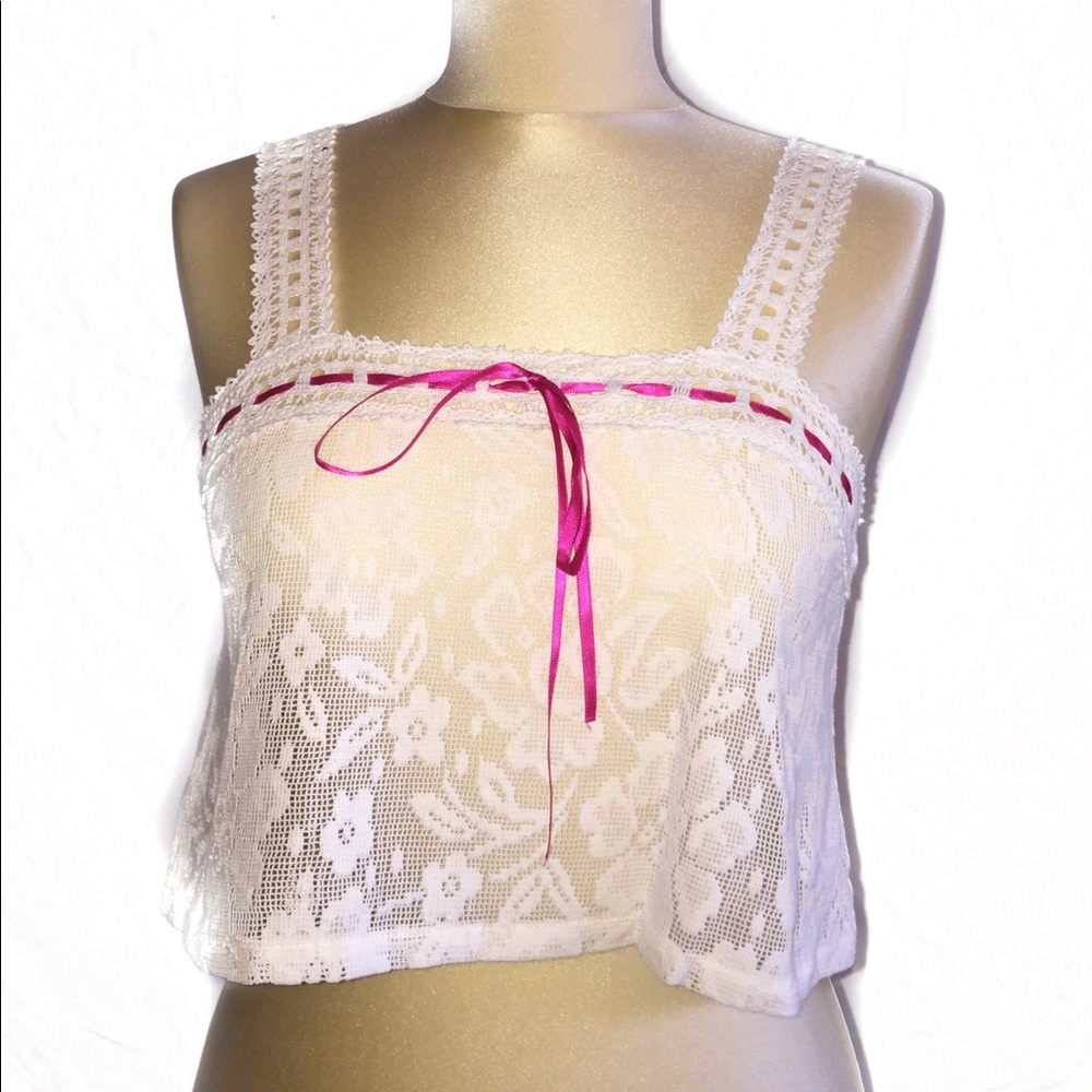 Coachella Style White Lace Top with Pink Bow