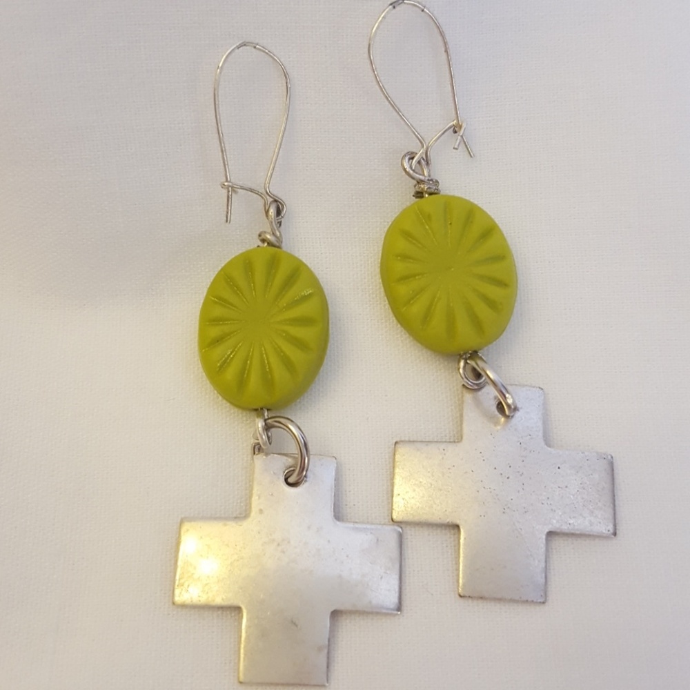 Cross and green drop earrings