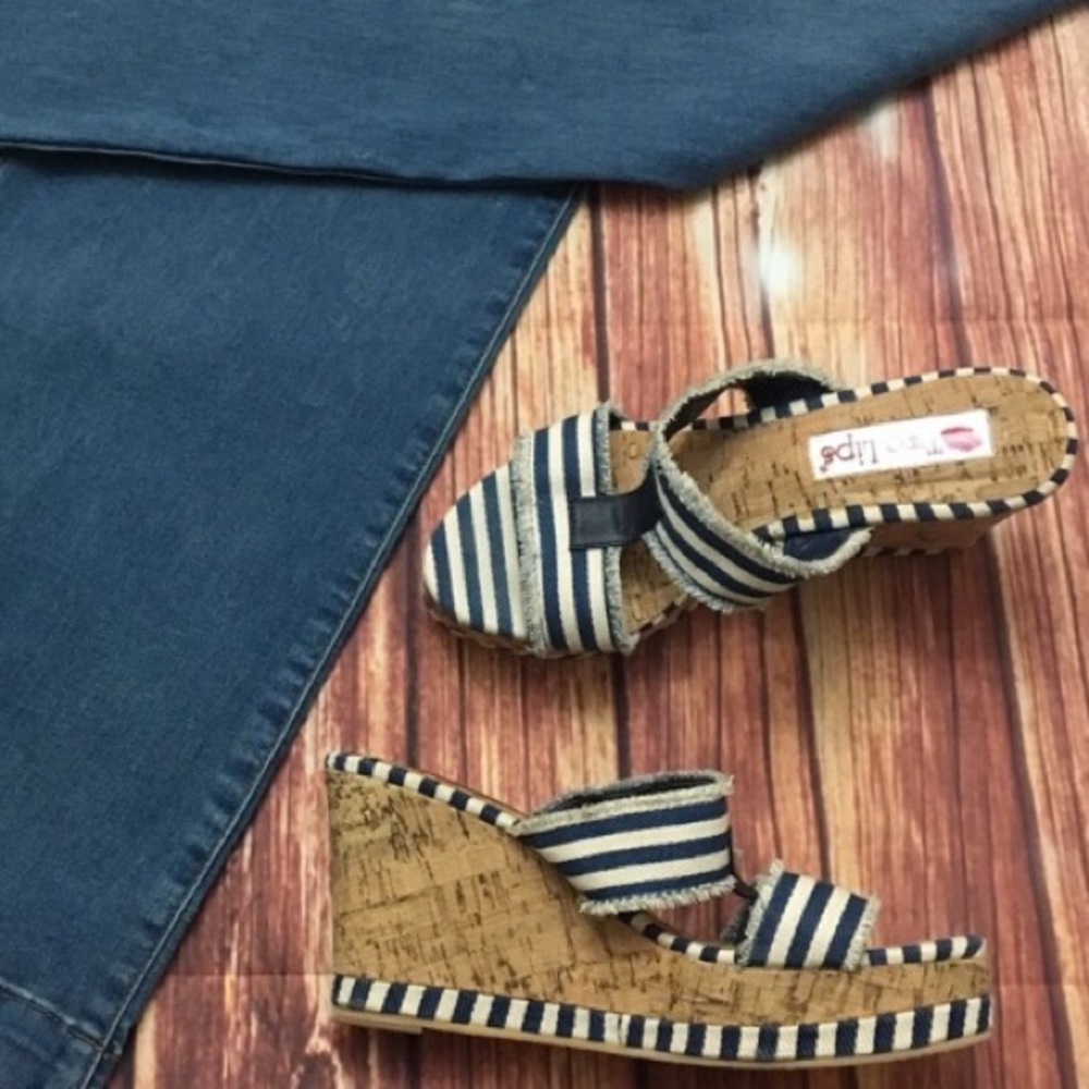 Two Lips Navy and White Striped Wedges