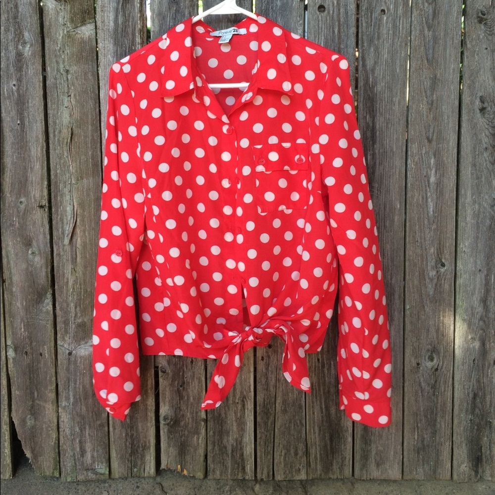 Forever 21 red polka dot tie front blouse