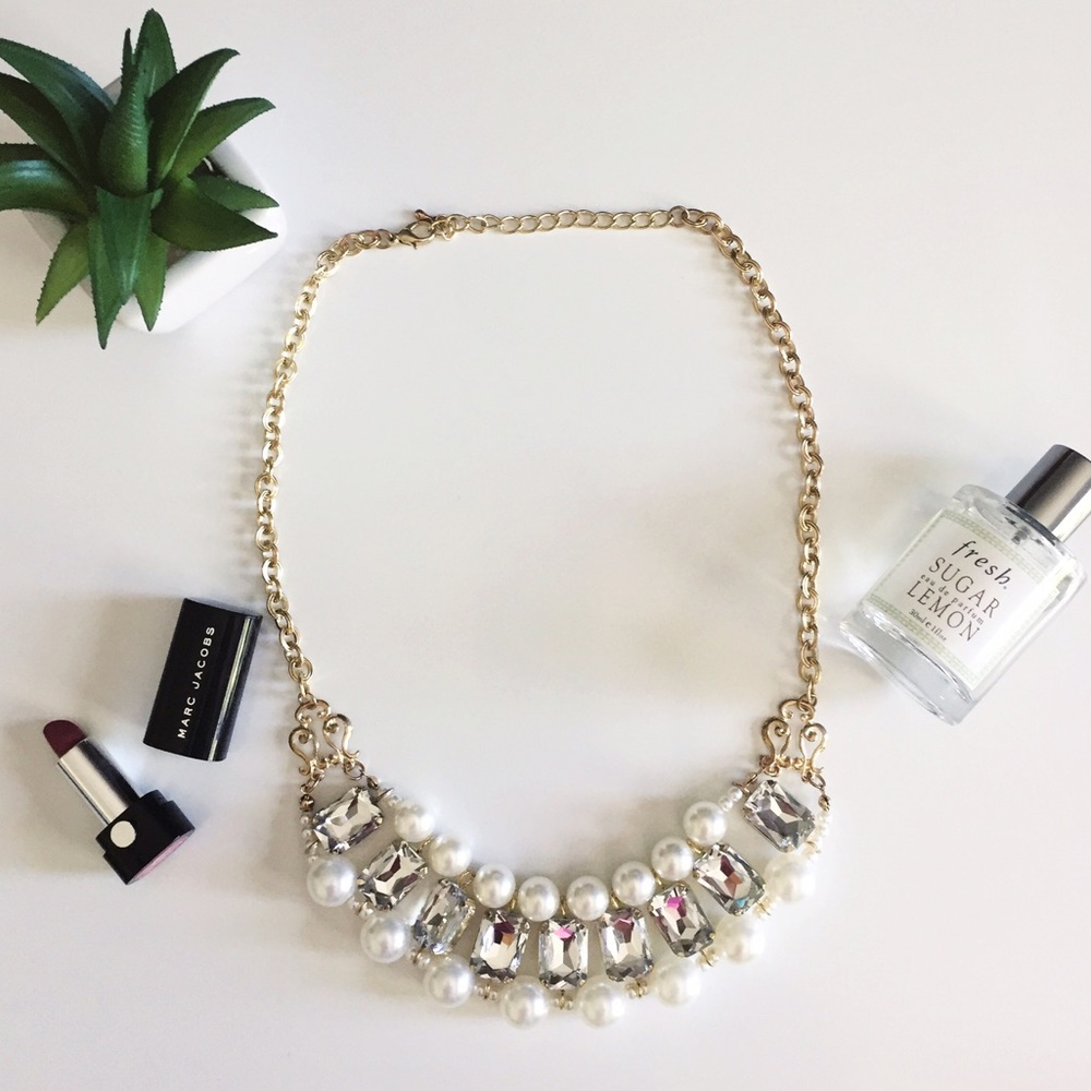 Faux Pearl and Diamond Necklace