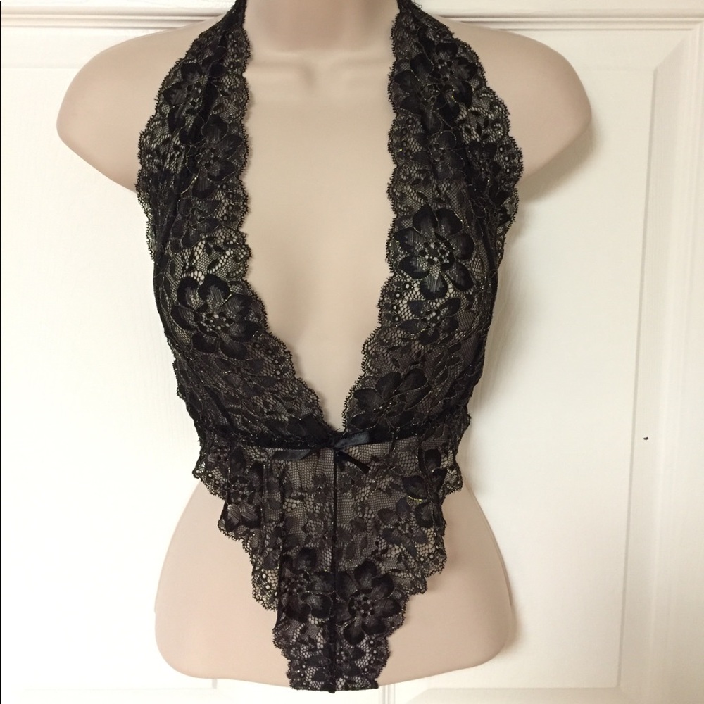 Black lace & gold body leotard thong combo