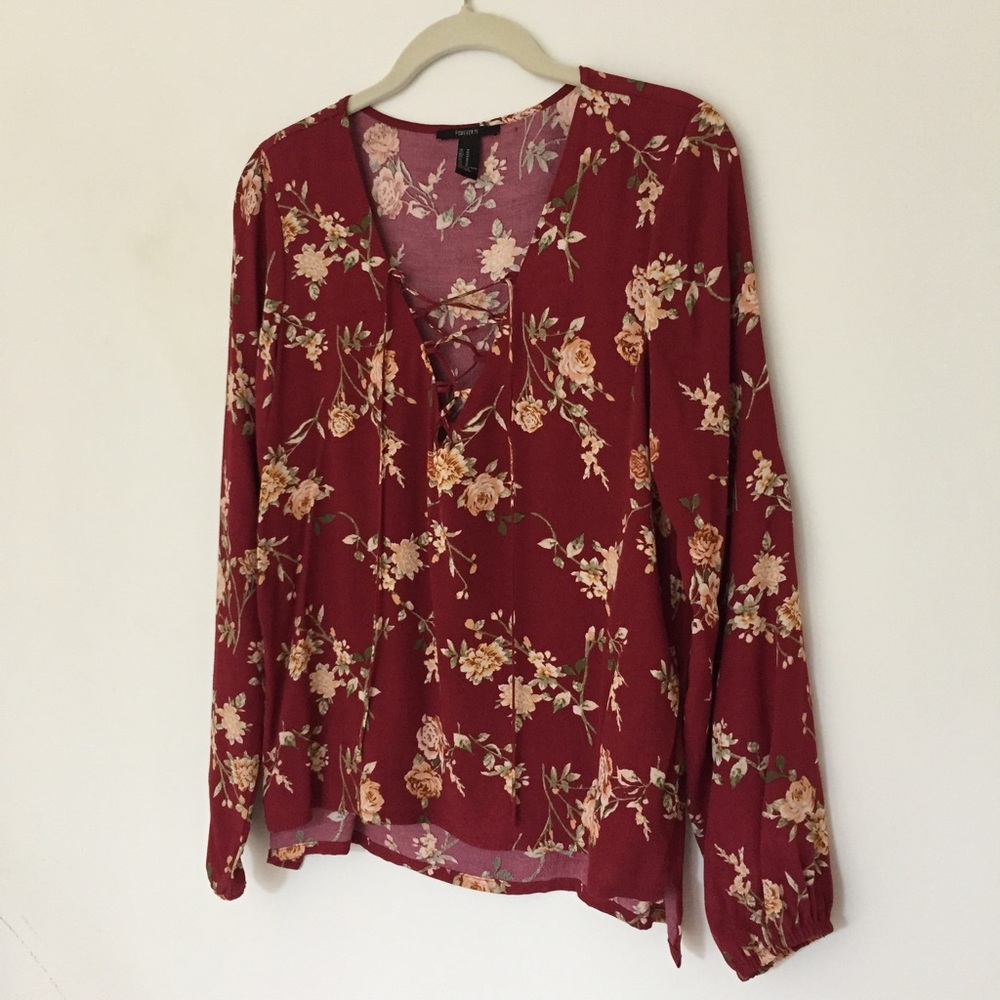 SOLD Floral V Neck Tie Lace Up Top