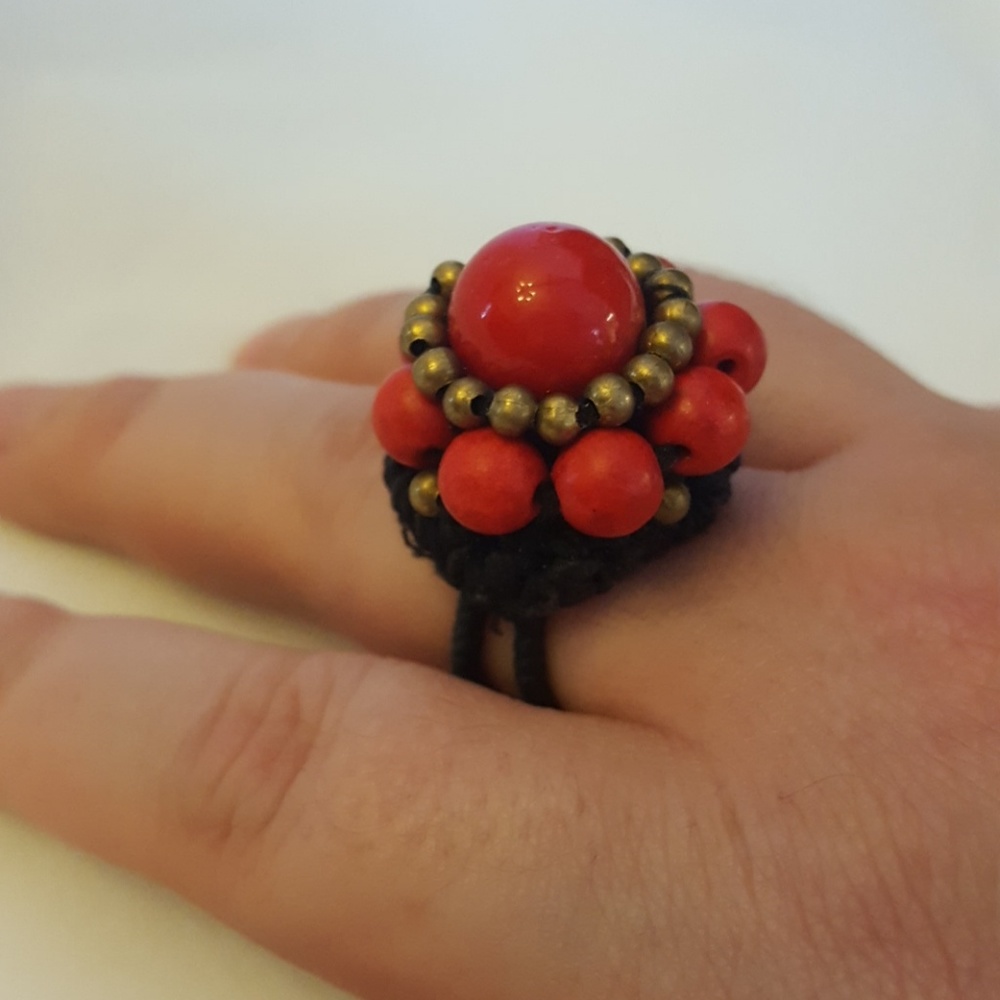 Red & gold bead handmade adjustable ring