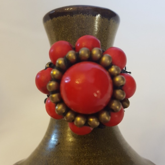 Red & gold bead handmade adjustable ring - Picture 3 of 5