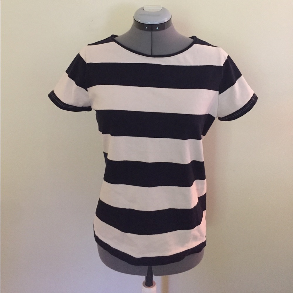 LOFT navy/ivory stripe sweater with zip back. L