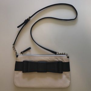 Blue and white leather satchel