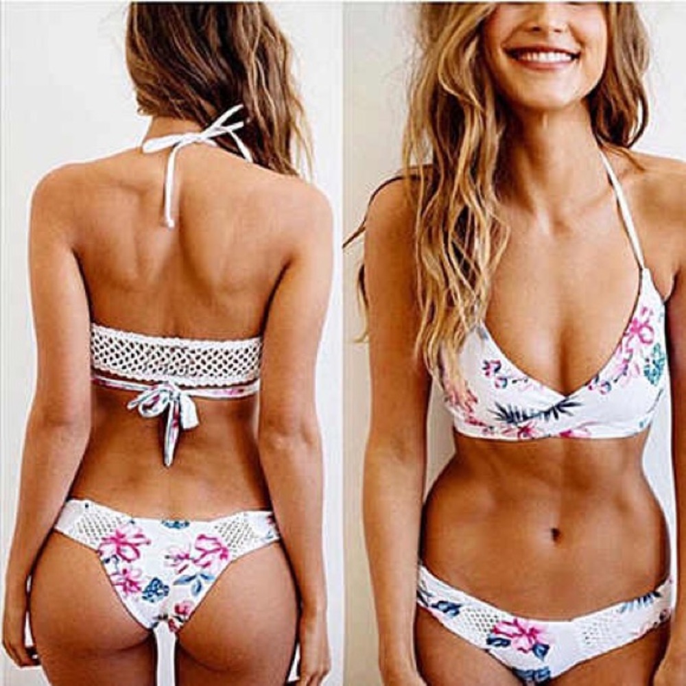 White Pink Flower Lace Net Back Bikinis