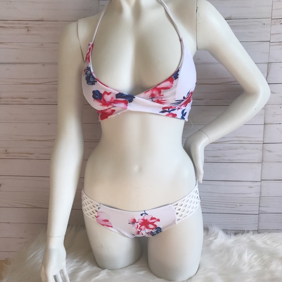 White Pink Flower Lace Net Back Bikinis - Picture 2 of 5